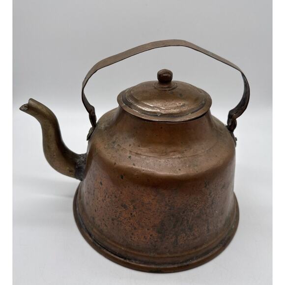 Primitive Farmhouse Copper Tea Kettle With Brass Goose Neck Spout As Is Patina - Picture 5 of 10